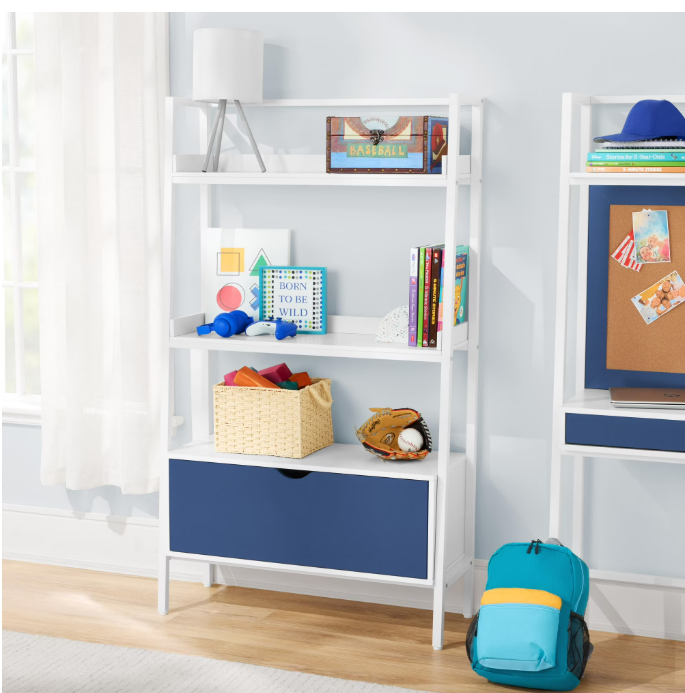 BYO Kids Ladder Bookcase with Drawer, Navy Blue/White