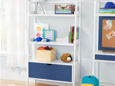 BYO Kids Ladder Bookcase with Drawer, Navy Blue/White