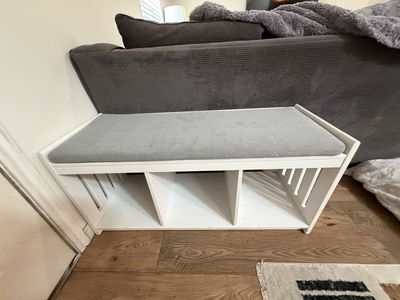 White Wood Storage Bench w/ Gray Cushion & 3 Cubbies - 44" Long