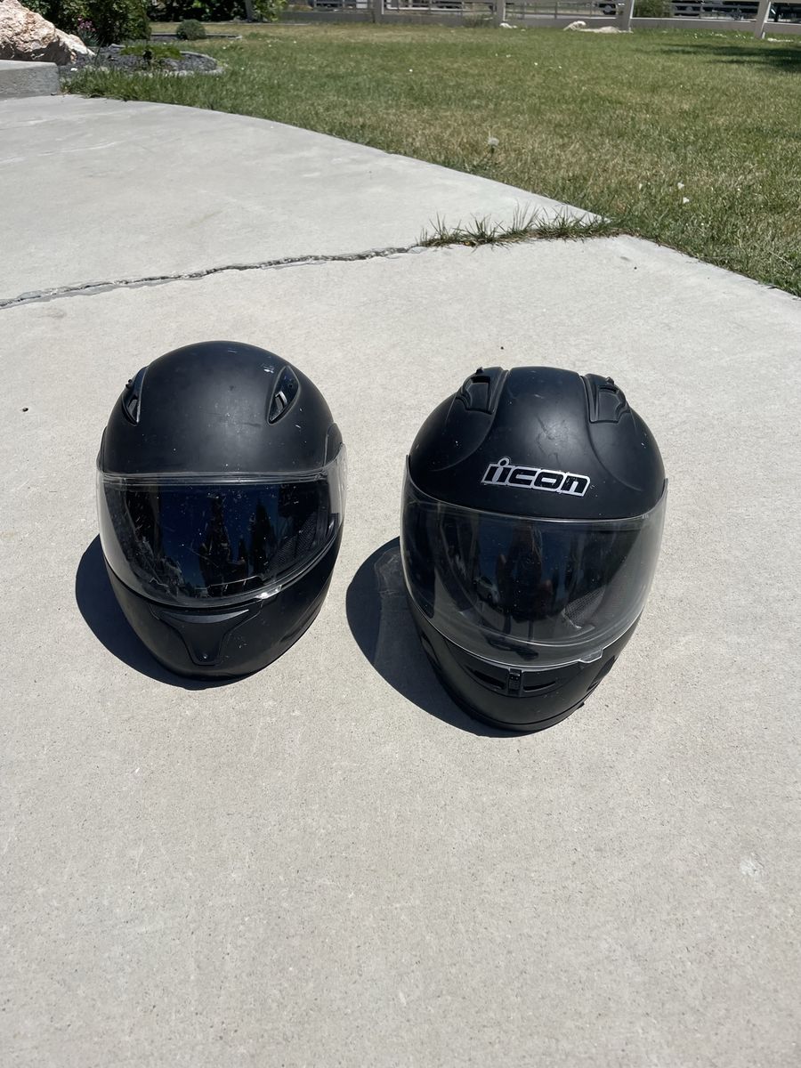 Two ICON Motorcycle Helmets - Black