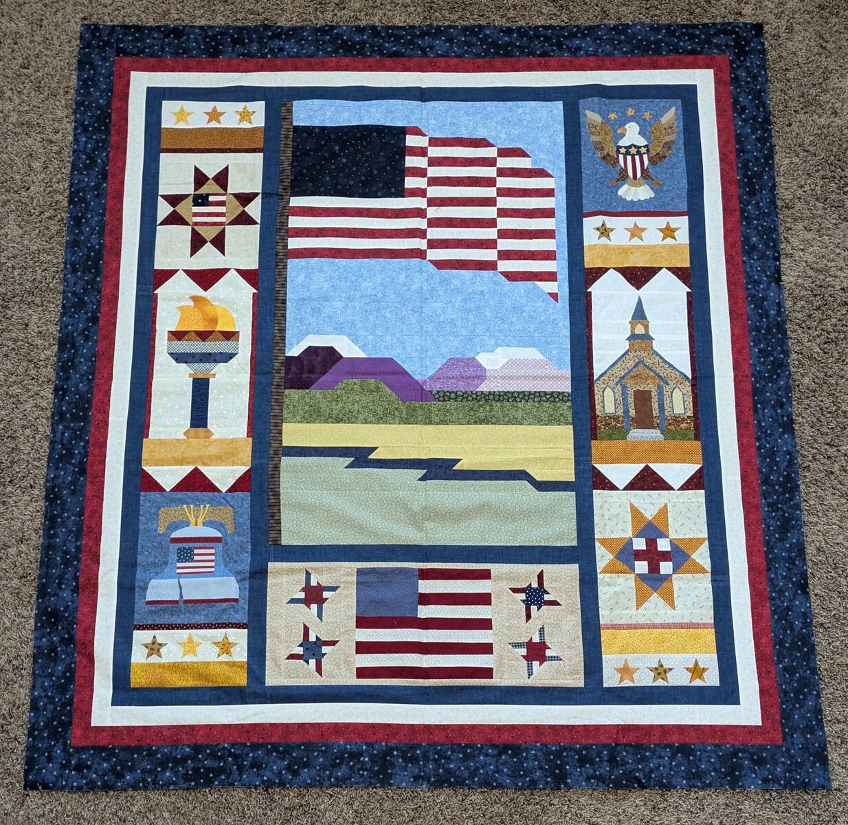 PATRIOTIC QUILT TOP 65-1/2" X 60"