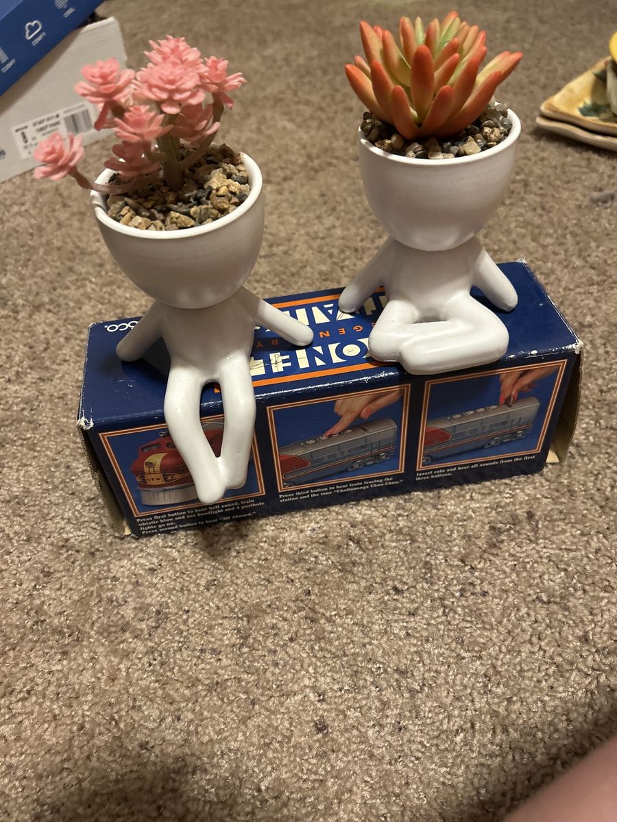 Ceramic Humanoid Succulent Planters - Set of 2 with Faux Plants, Unique Home Decor