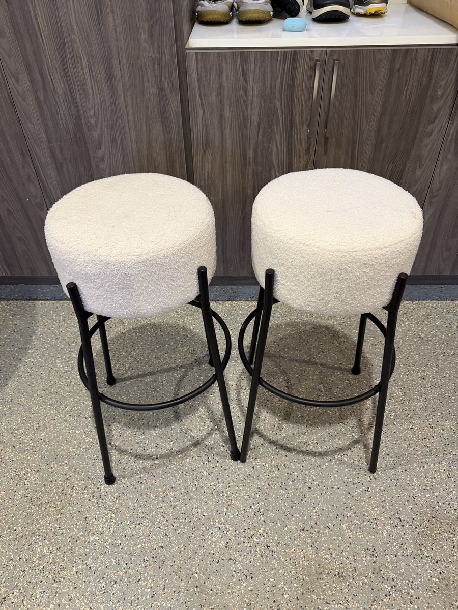Set of 2 Zuo Modern Bouclé Counter Stools – White / Matte Black Metal