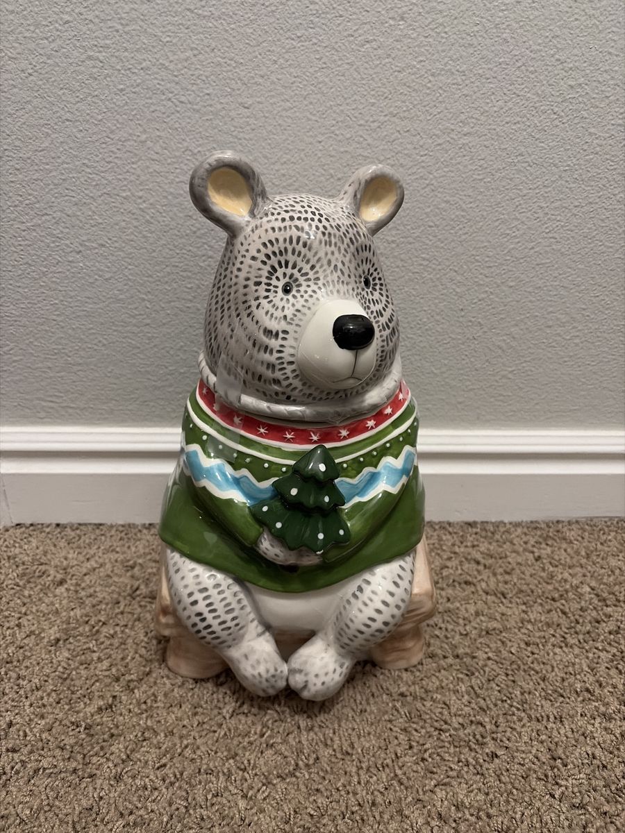 Signed Blue Sky Ceramic Bear Cookie Jar with Sweater & Christmas Tree - Holiday Decor