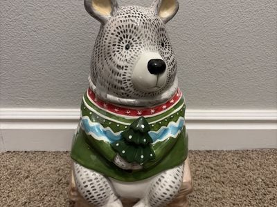 Signed Blue Sky Ceramic Bear Cookie Jar with Sweater & Christmas Tree - Holiday Decor