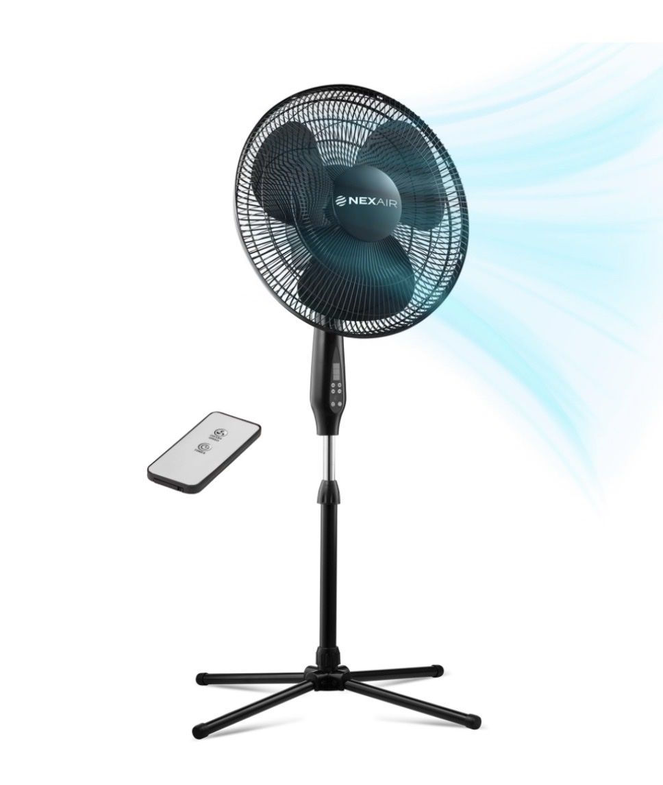 Nexair NX-FN001 Black 16" Oscillating Pedestal Fan with Remote Control, Adjustable Height 42-48 inches