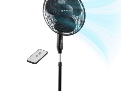 Nexair NX-FN001 Black 16" Oscillating Pedestal Fan with Remote Control, Adjustable Height 42-48 inches
