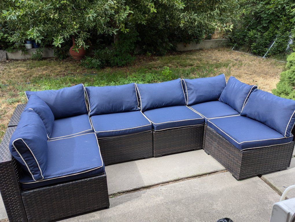 Modular Outdoor Wicker Patio Sofa Set - Navy Cushions, Customizable Seating
