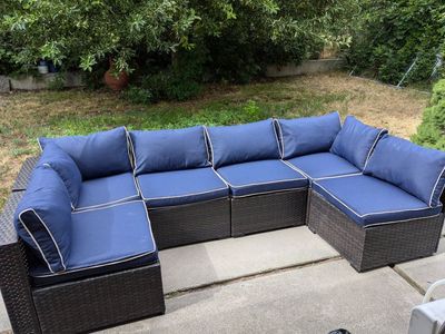 Modular Outdoor Wicker Patio Sofa Set - Navy Cushions, Customizable Seating