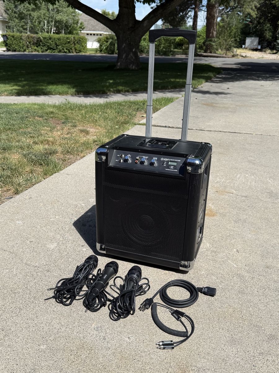 ION Audio Block Rocker Portable PA Sound System Speaker with Microphones & Cables