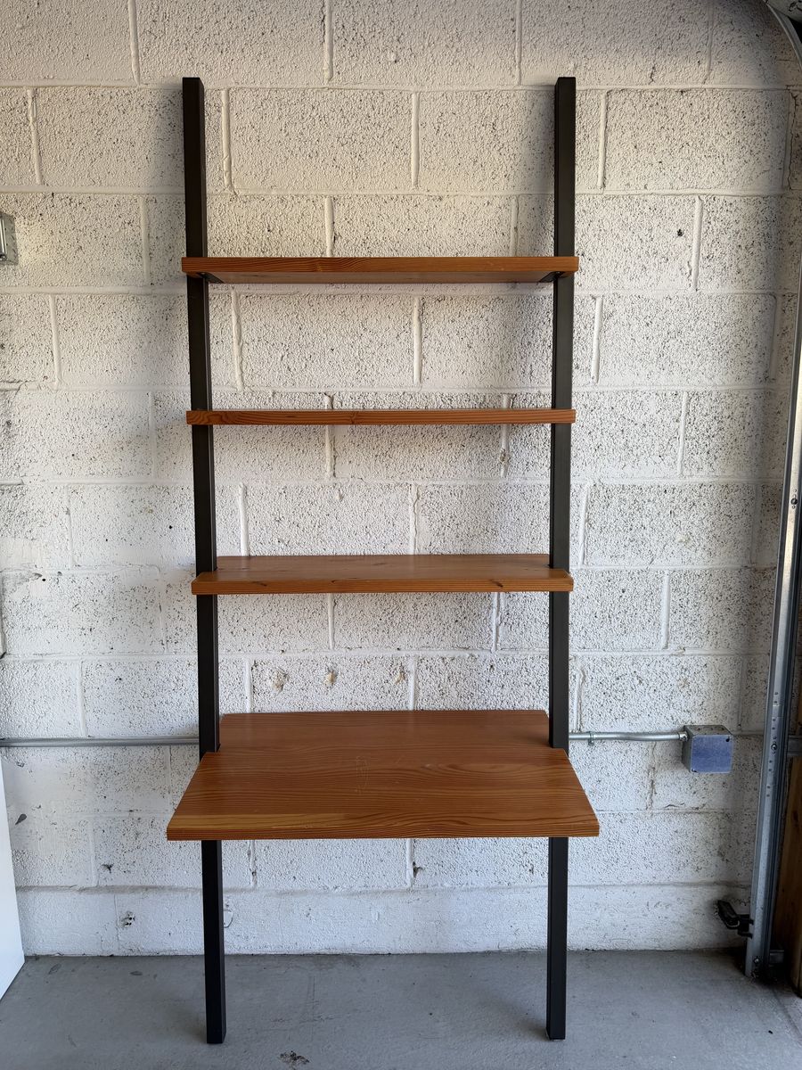 Room & Board Gallery leaning desk and bookcase, made from reclaimed Douglas fir with a dark steel frame.