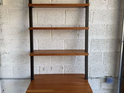 Room & Board Gallery leaning desk and bookcase, made from reclaimed Douglas fir with a dark steel frame.
