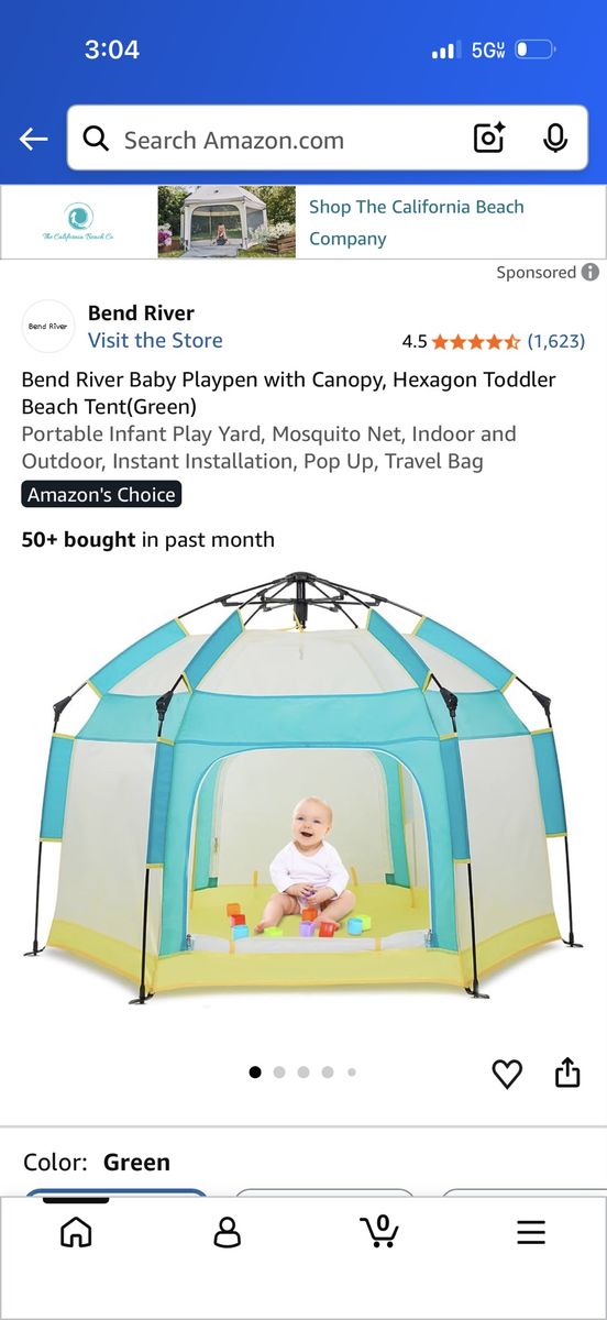 Bend River Baby Playpen with Canopy Hexagon Toddler Beach Tent Green