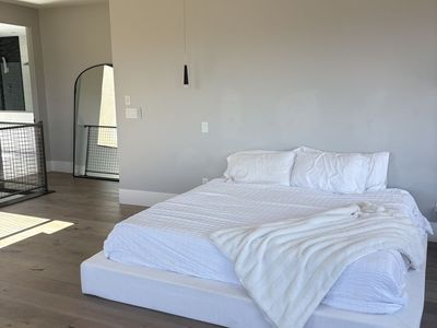 White linen soft frame bed frame | King Size