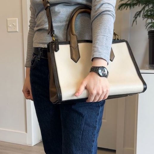 Fossil genuine leather satchel colorblock cream black taupe with strap