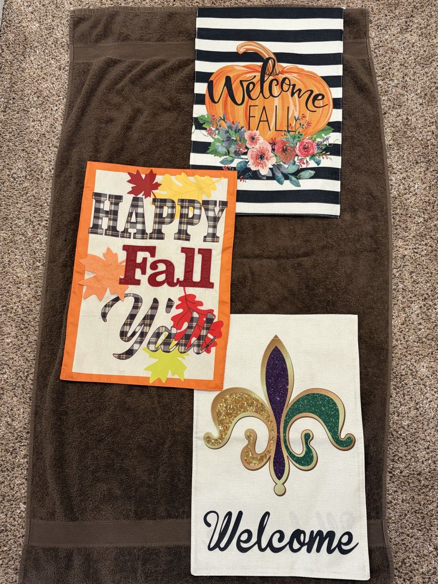 Set of 3 Decorative Garden Flags - Fall Pumpkin, Happy Fall Y'all, Fleur-de-lis Welcome