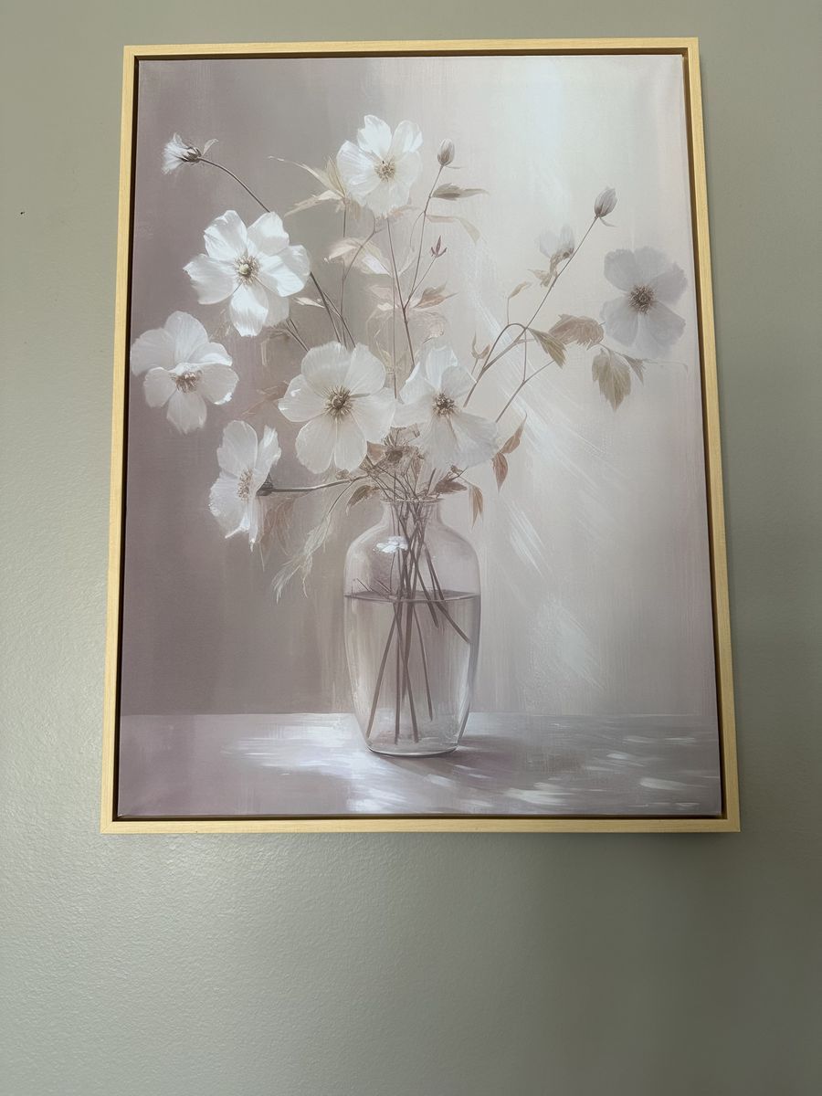 Light Wood Framed White Flower Canvas