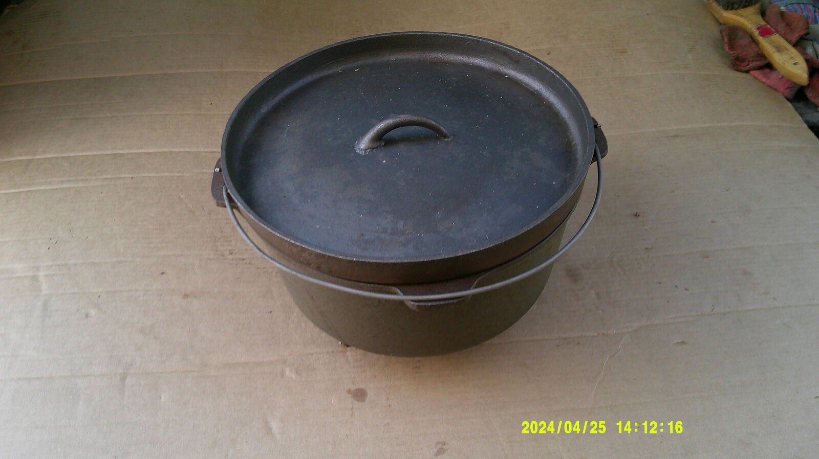 Large! 12” Cast Iron Dutch Camp Oven Footed -Lid & Handle  Unmarked 21 Lb $50