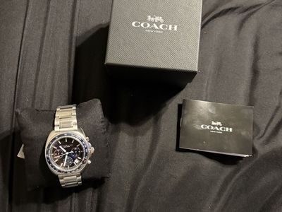 Coach Charter silver-tone stainless-steel chronograph watchwith Steel Bracelet & Box