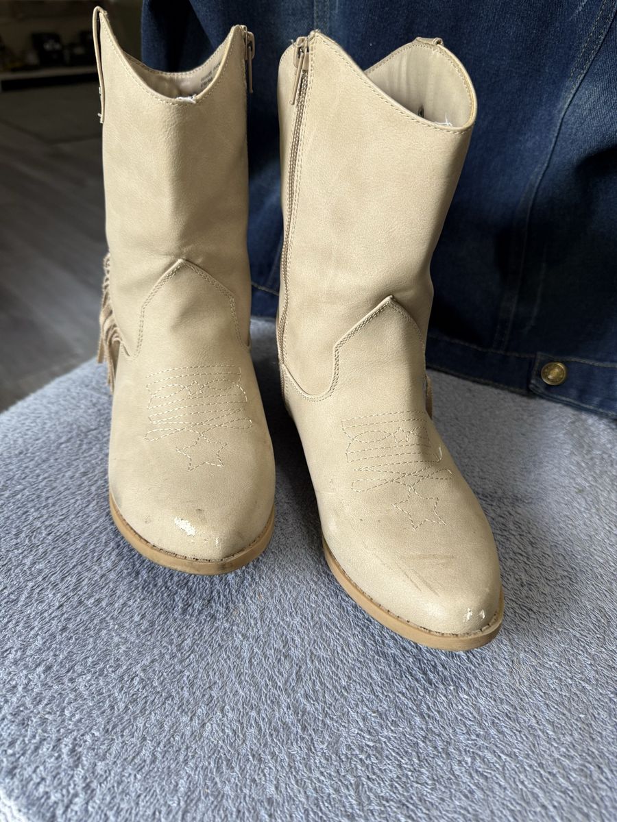 Justice Girls Beige Fringe Western Cowboy Boots Size 4 USA Side Zip