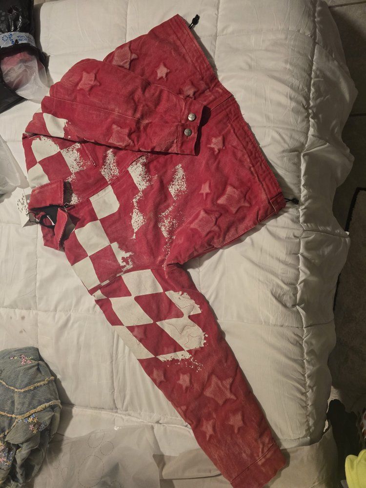 Unique Red & White Checkered Star Pattern Jacket - Size XL