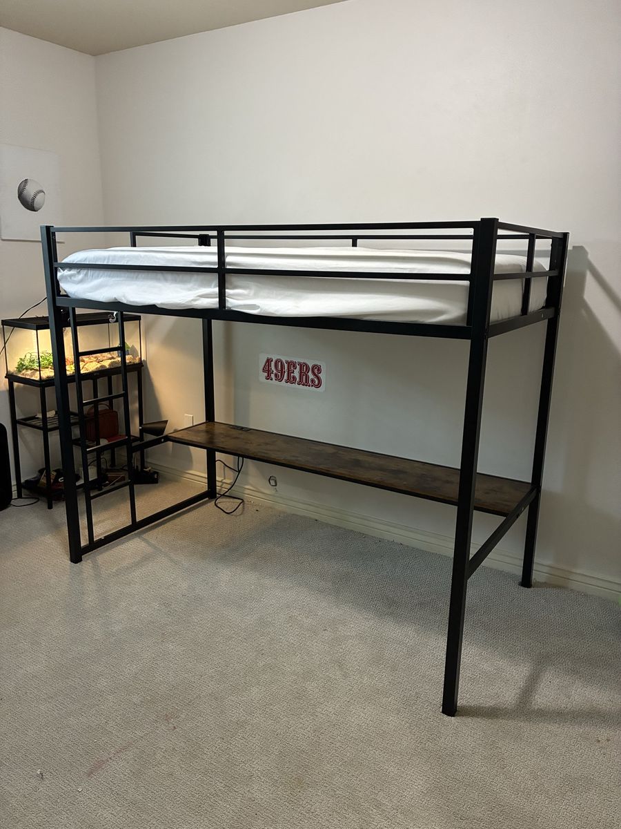 Black Metal Twin Loft Bed Frame with Built-in Desk and Ladder