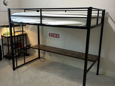 Black Metal Twin Loft Bed Frame with Built-in Desk and Ladder