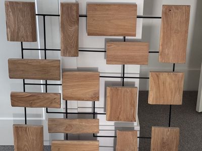 Crate and Barrel wood and steel wall art