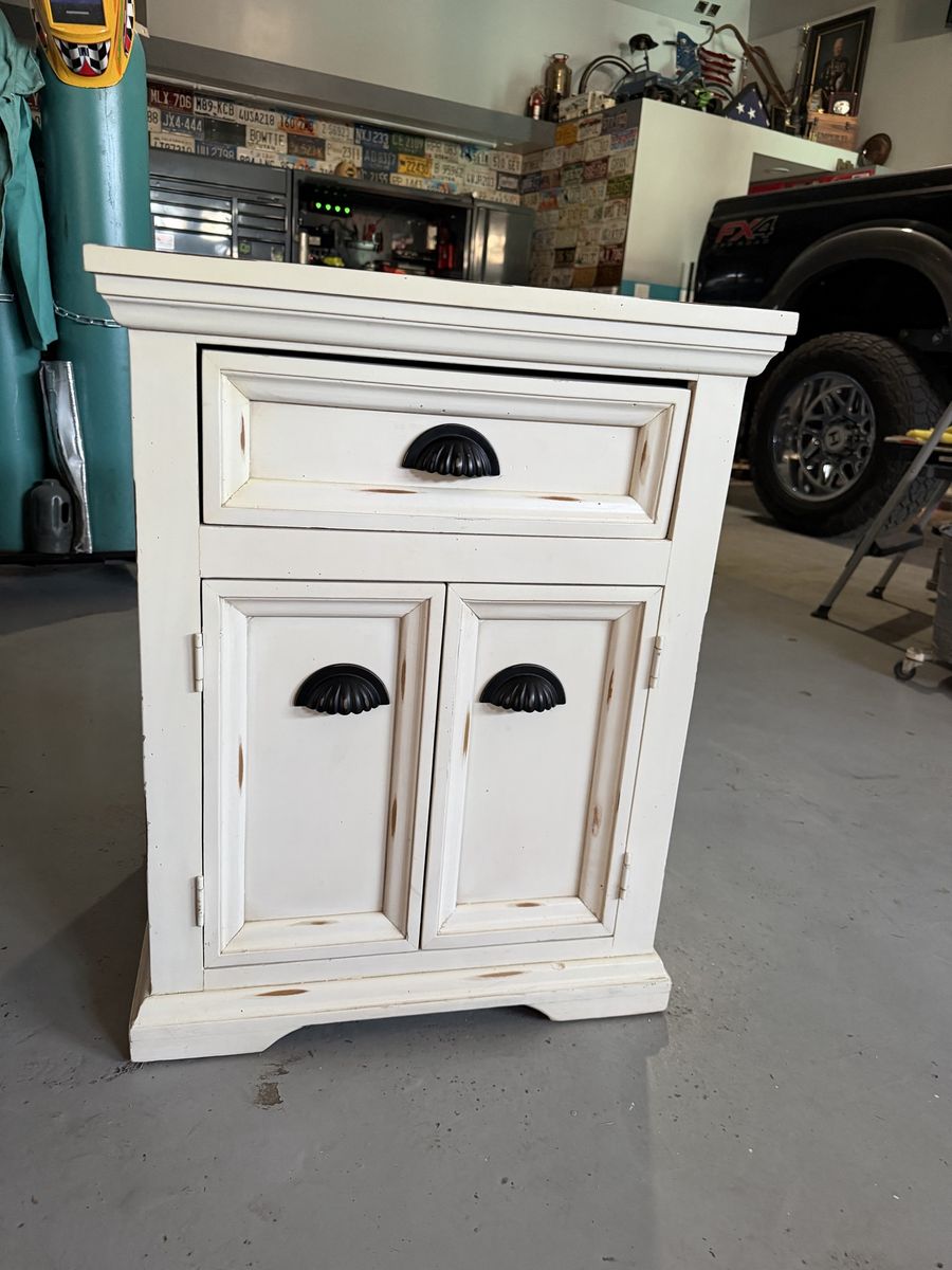 Rustic Distressed Off-White Nightstand Side Table with Drawer and Cabinet Storage