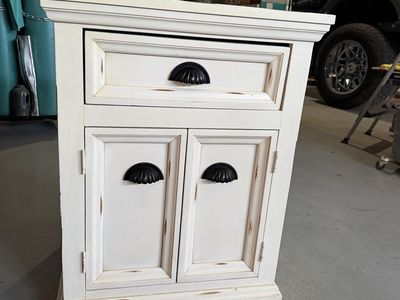 Rustic Distressed Off-White Nightstand Side Table with Drawer and Cabinet Storage