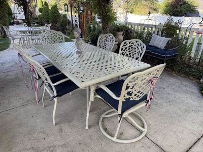 Large all metal patio set (cushions, statue, and decor not included)