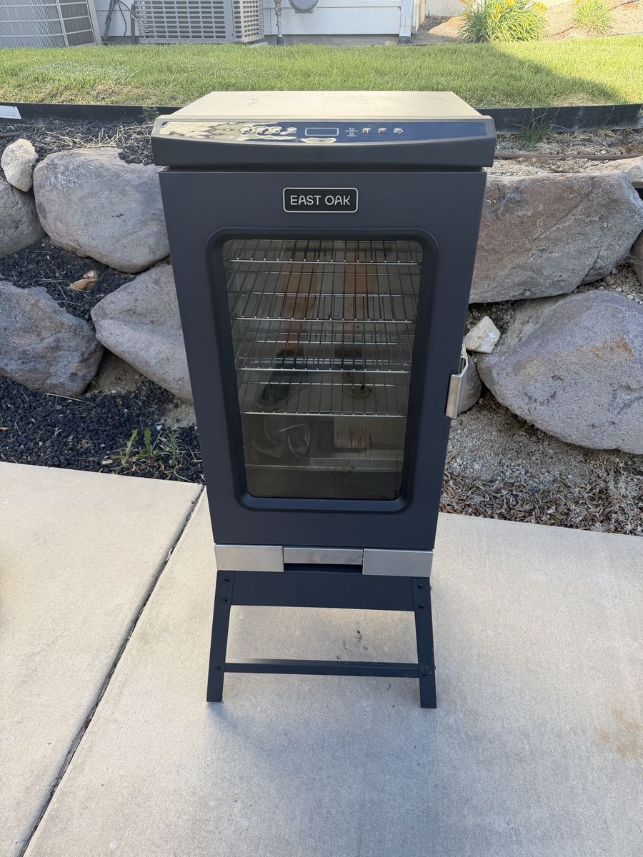 East Oak Electric Smoker with Wood Chip System, Cover & Stand - Gently Used, Great Condition
