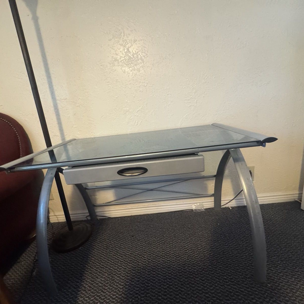 Modern Glass & Metal Desk with Perforated Shelf - Stylish Side Table