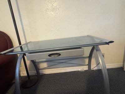 Modern Glass & Metal Desk with Perforated Shelf - Stylish Side Table