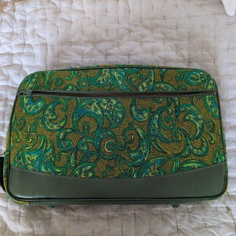 1960s Vintage Green Blue and Yellow Paisley Design Fabric Suitcase/ Vintage Luggage/ Vintage Weekend Bag