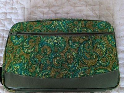 1960s Vintage Green Blue and Yellow Paisley Design Fabric Suitcase/ Vintage Luggage/ Vintage Weekend Bag