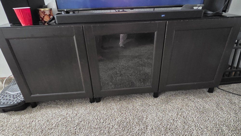Black Wooden TV Stand with Glass Doors and Storage Cabinets