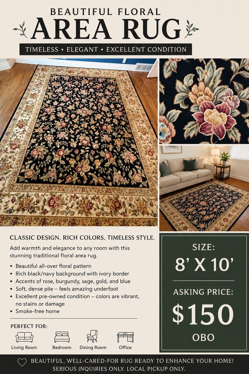 Beautiful 8'x10' Floral Area Rug - Black/Ivory with Rose, Burgundy, Gold, Blue Accents
