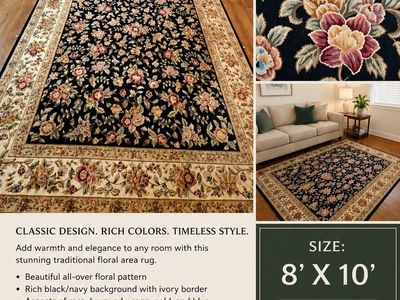Beautiful 8'x10' Floral Area Rug - Black/Ivory with Rose, Burgundy, Gold, Blue Accents