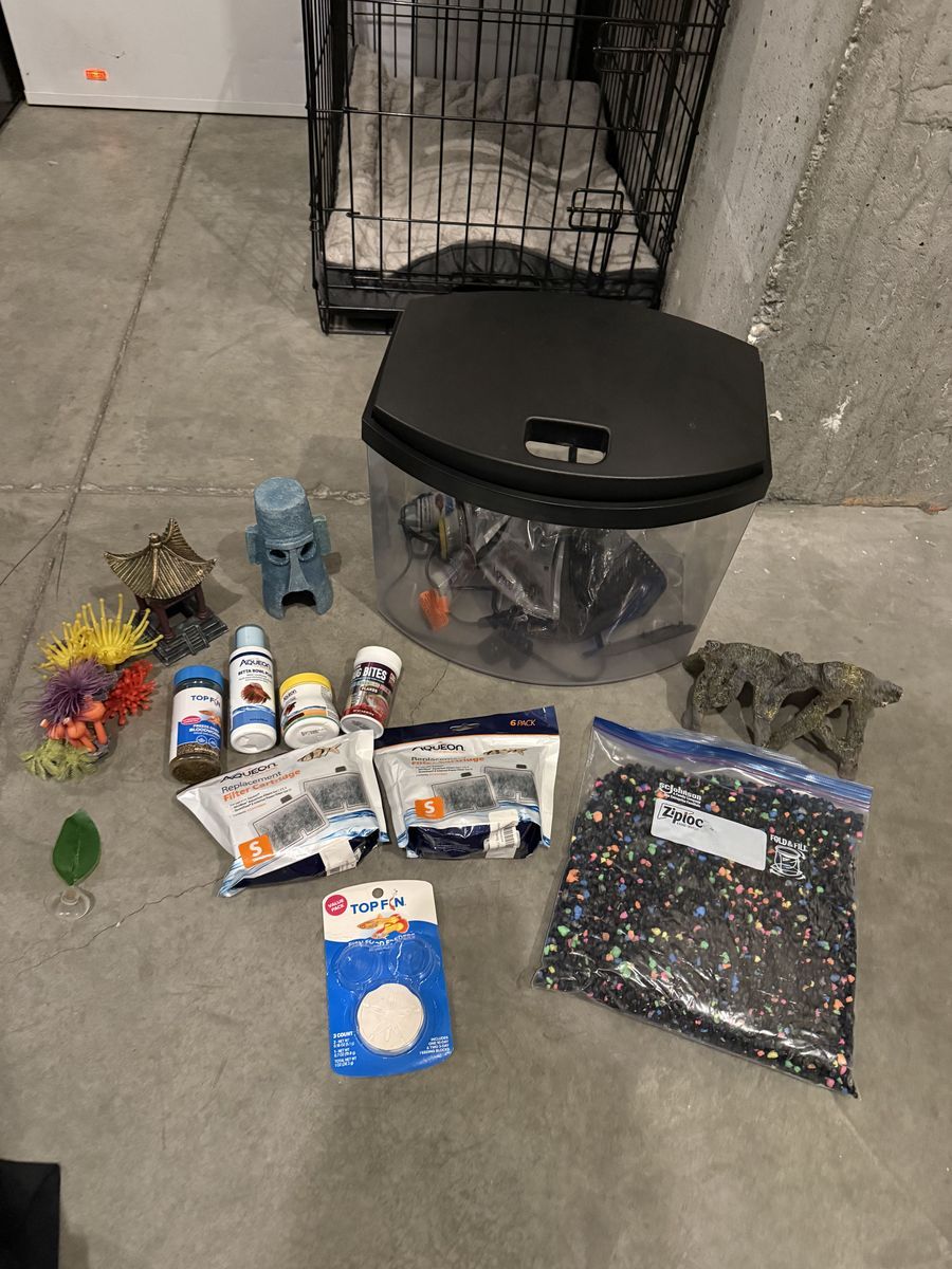 Fish Tank (5 gal) Starter Kit Bundle with Accessories, Decor, Gravel, and Food