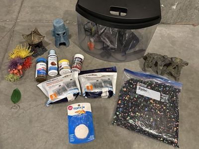 Fish Tank (5 gal) Starter Kit Bundle with Accessories, Decor, Gravel, and Food