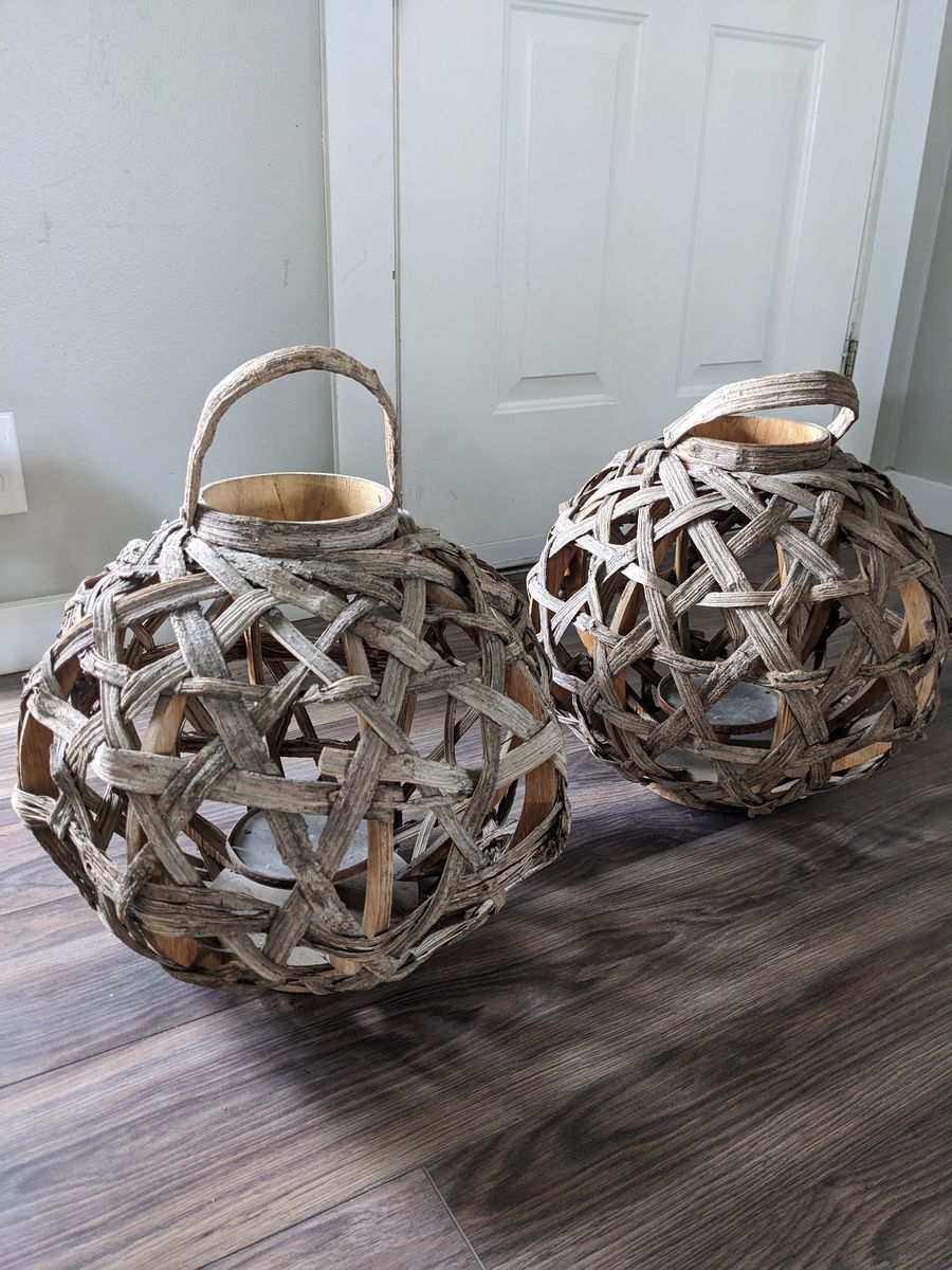 Set of 2 Round Woven Wood Candle Lanterns Rustic Decor
