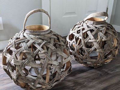 Set of 2 Round Woven Wood Candle Lanterns Rustic Decor