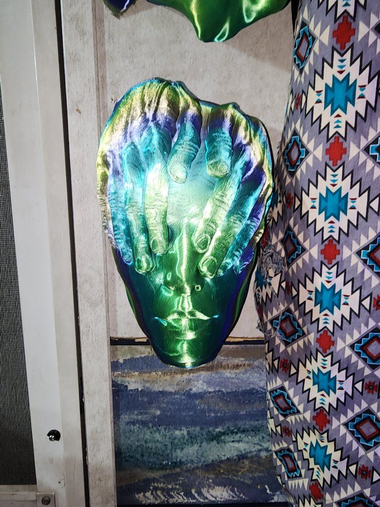 Iridescent 3D Printed Wall Mask - Hands Covering Face Decor Sculpture