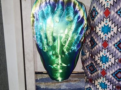 Iridescent 3D Printed Wall Mask - Hands Covering Face Decor Sculpture