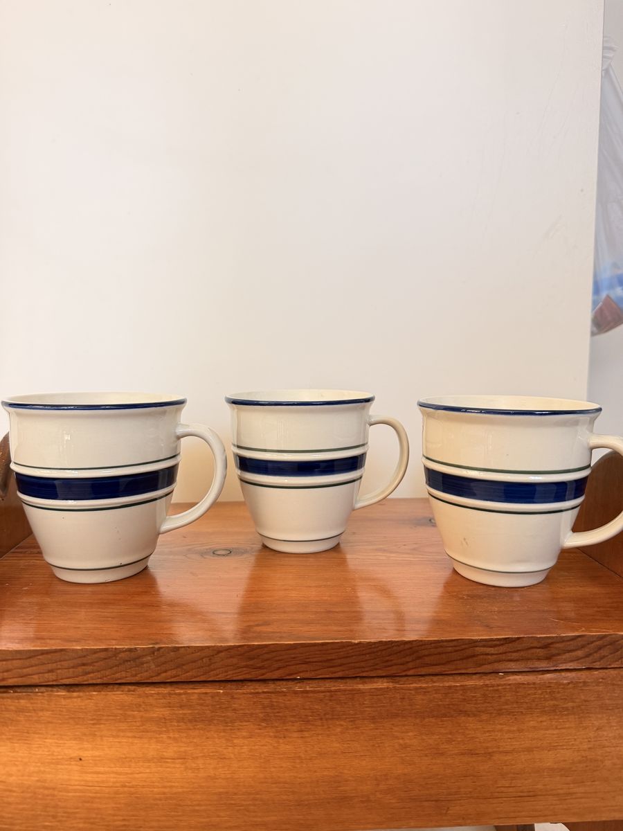 Country Crock Stoneware Coffee Mugs Blue Stripe Set of 3