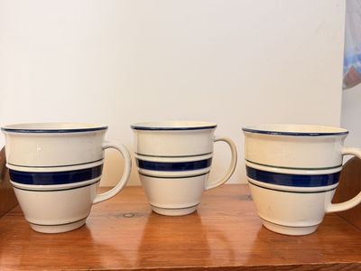 Country Crock Stoneware Coffee Mugs Blue Stripe Set of 3
