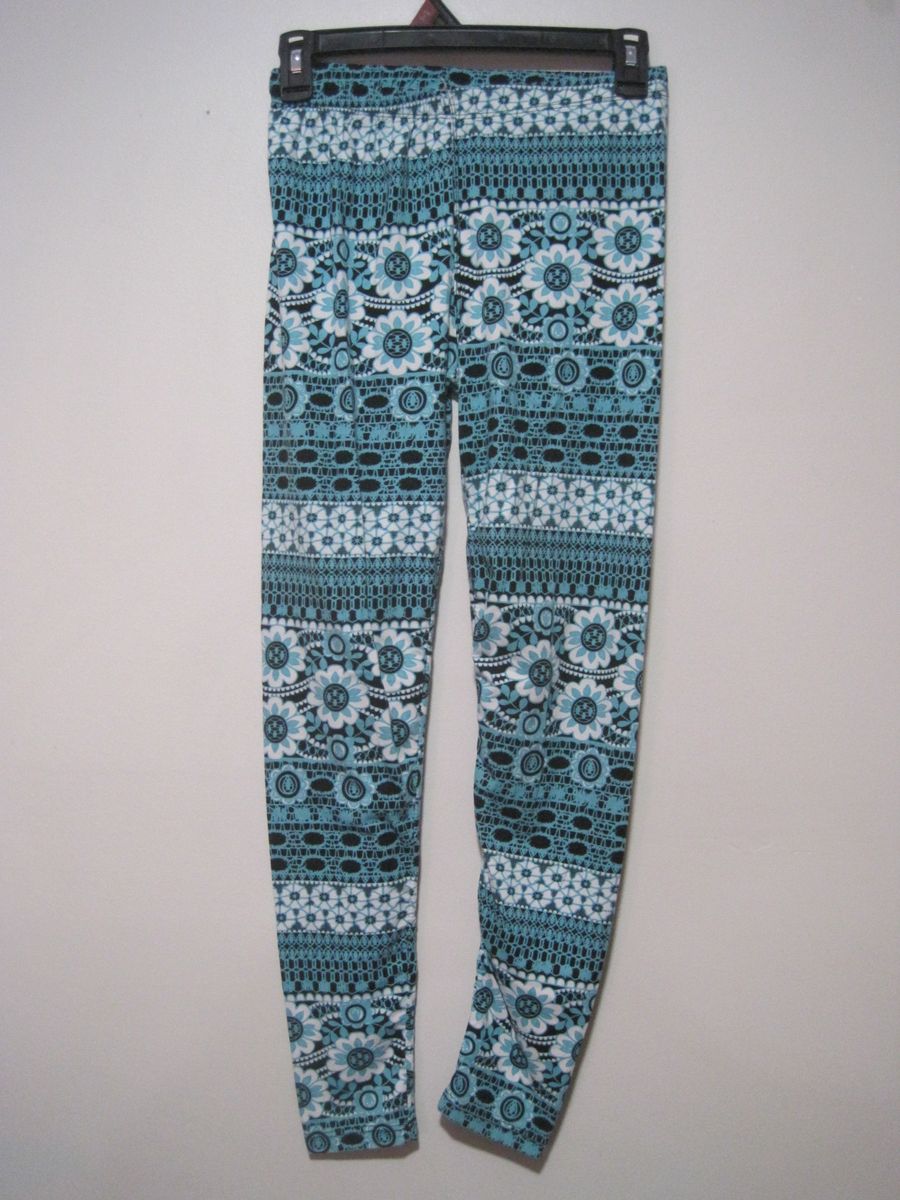 E & K Women's One Size Blue Black White Floral Geometric Patterned Legging Pants