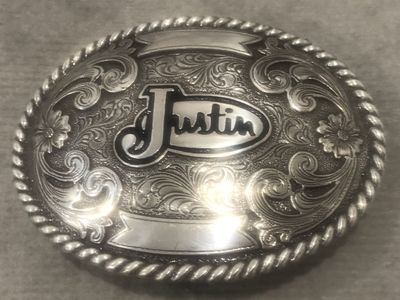 VINTAGE JUSTIN TROPHY-STYLE SILVER BELT BUCKLE