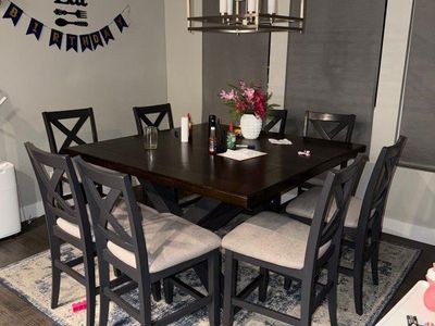 Large Square height Dining Table Set with 8 Upholstered X-Back Chairs
